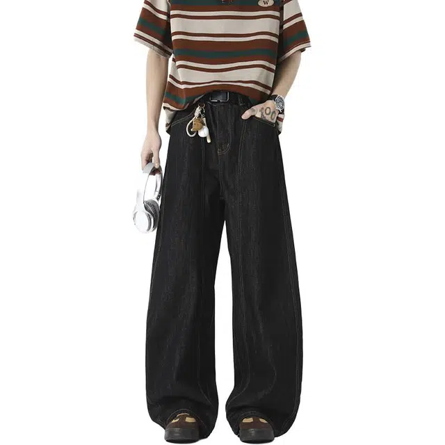 沃马 弯刀宽松休闲美式高街舒适亲肤长裤牛仔裤 男女同款 黑色