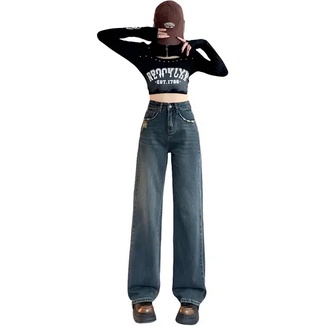 法文箱子 复古高腰直筒牛仔裤 女款