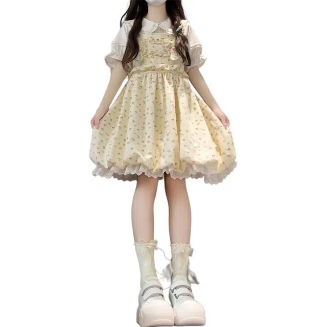 黛尔佳人 夏季甜美碎花背带女小个子蕾丝花苞蓬蓬短裙高级感吊带连衣裙 女款