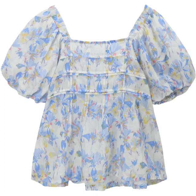 谜秀 复古风气质方领印花常规短袖法式衬衫 女款