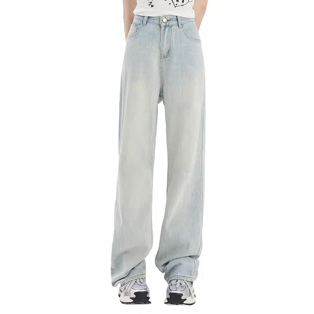 玫丝朵  复古条纹竹节破洞窄版直筒阔腿裤牛仔裤 女款 浅蓝色