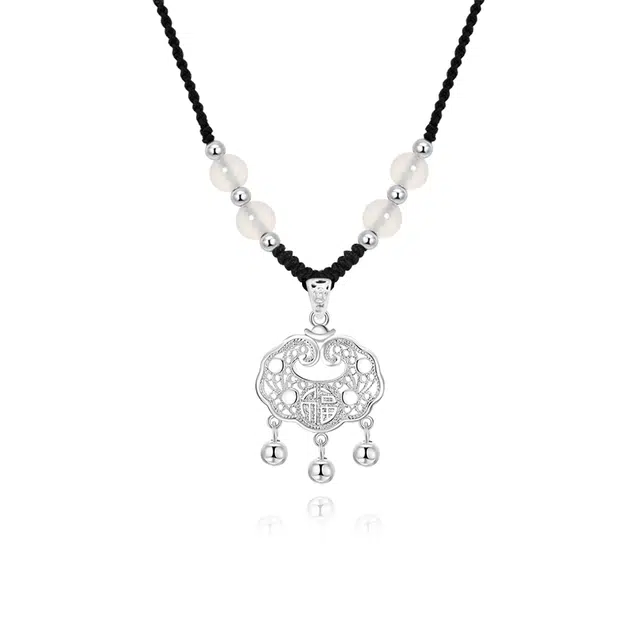 【999纯银 转运平安】足银福运平安锁 七好美银 新中式国风招财纳福小众设计编织简约时尚百搭长命锁本命年#好运 玛瑙 项链 男女同款情侣款