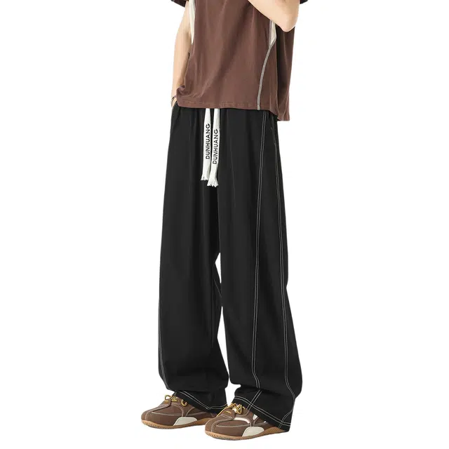 敦煌博物馆 基础款简约纯色弯刀拼接明线宽松阔腿垂感冰丝速干百搭大码透气抽绳舒适通勤直筒拖地凉感休闲裤 男女同款