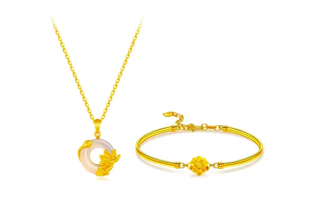 尚银福 荷塘月色系列 国潮新中式时尚优雅气质轻奢高级感 国风典雅小众创意设计莲花平安扣锁骨链套装 合金 项链 女款