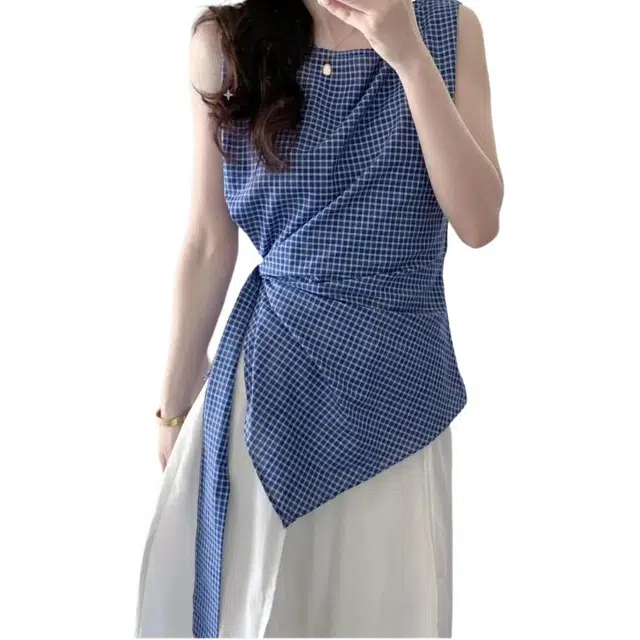 缪斯的诱惑 格子收腰女夏季小衫独特漂亮法式小资无袖高级感轻奢上衣衬衫 女款