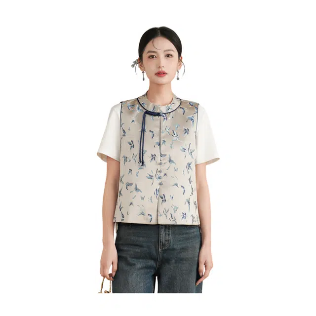 荟萃阁 新中式国潮唐装小圆领盘扣上衣刺绣汉服马甲 女款