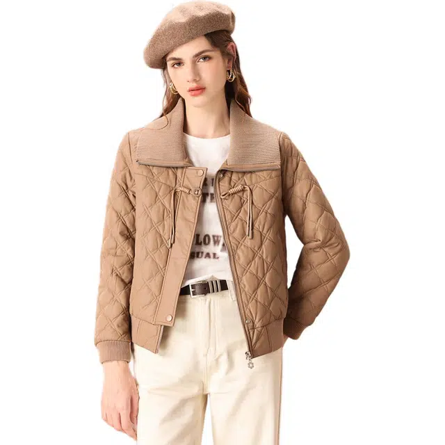 粉红玛琍 新中式纯色翻领短款长袖棉服 女款 咖色