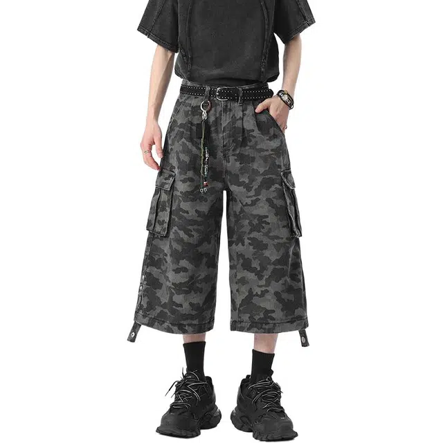 佐菲利 美式高街迷彩夏季重磅潮牌工装七分裤宽松阔腿运动中裤牛仔短裤 男女同款