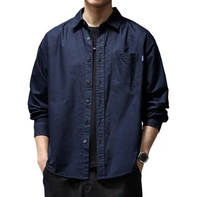 贵色 美式纯棉纯色简约风格轻商衣外套高级感复古水洗日常出行游玩穿搭休闲长袖衬衫 男女同款