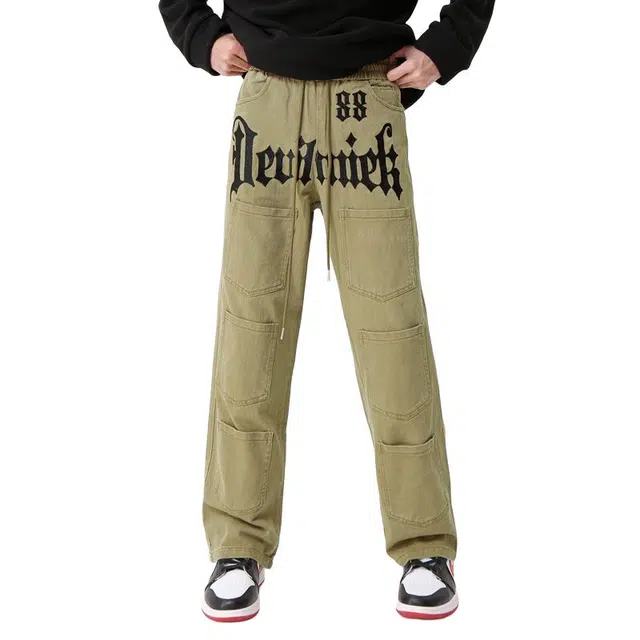 极限涡轮 青春流行多口袋字母工装休闲时尚潮牌宽松直筒牛仔裤 男女同款 卡其色