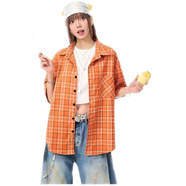 天才小熊 多巴胺格纹短袖宽松百搭休闲衬衫 女款