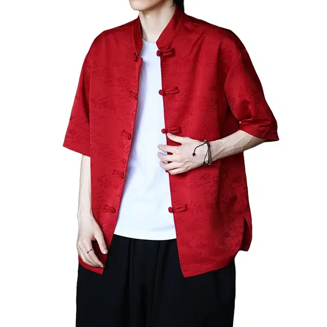 加荣 新中式唐装男夏季薄款透气冰丝短袖衬衫改良汉服大码中国风青少年户外出行百搭盘扣五分袖衬衣上衣 男女同款