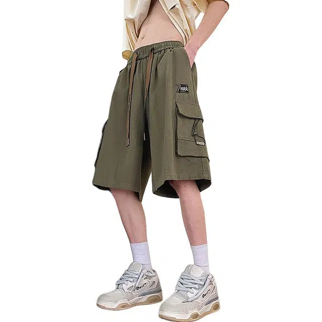 顶峰保罗 美式纯棉迷彩字母多口袋直筒工装五分裤潮牌纯色宽松显高显瘦宽松百搭大码休闲短裤 男女同款