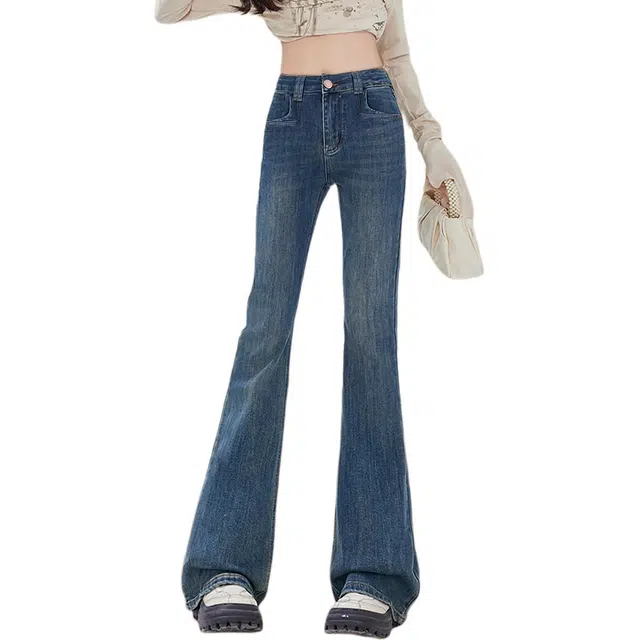 惟熙 加绒微喇叭高腰修身显瘦加厚保暖牛仔裤 女款 复古蓝