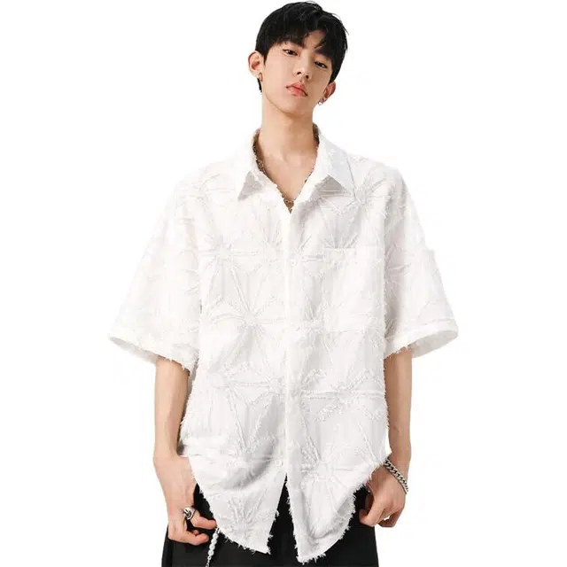 加荣 夏季 小众舒适宽松百搭翻领纯色短袖衬衫 男女同款