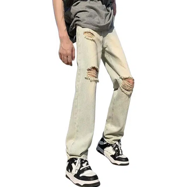 沃马 美式高街弯刀时尚百搭简约宽松牛仔裤 男女同款 黄泥色