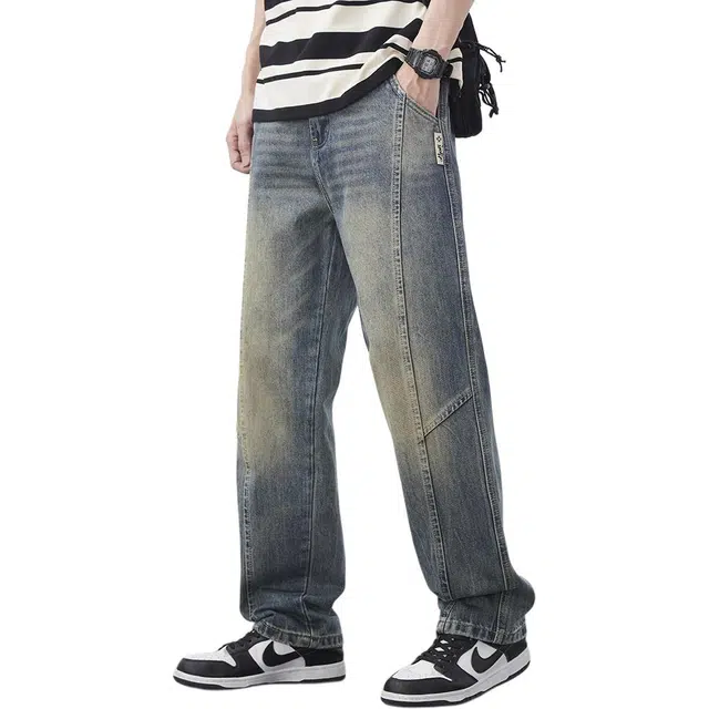 童先森 夏季美式复古宽松中高腰长裤牛仔裤 男款