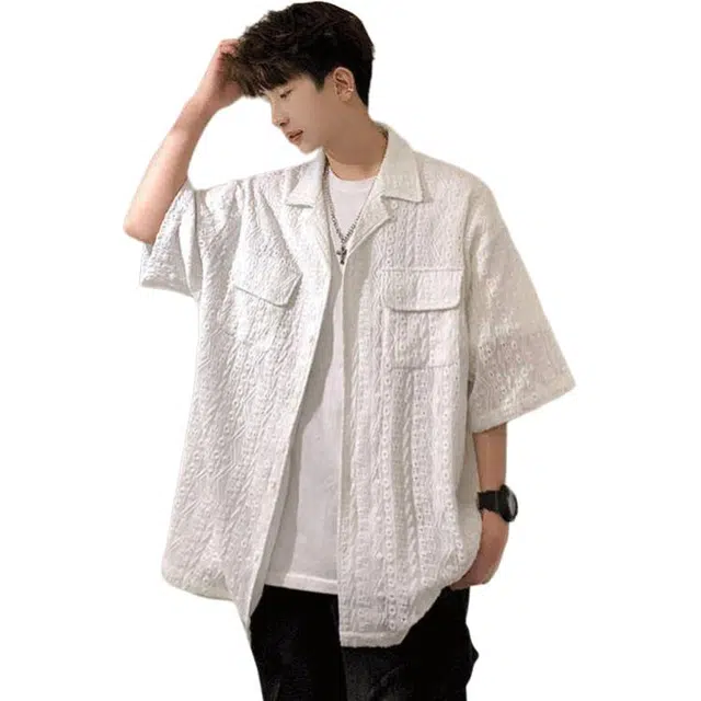 加荣 镂空高级感痞帅阳光干净压花设计感短袖衬衫 男女同款