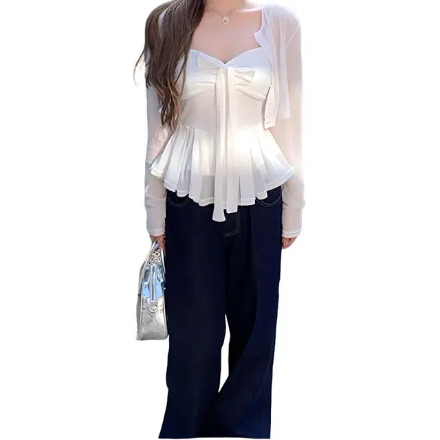 雾闪闪 甜心温柔气质针织防晒长袖开衫吊带收腰背心休闲套装 女款