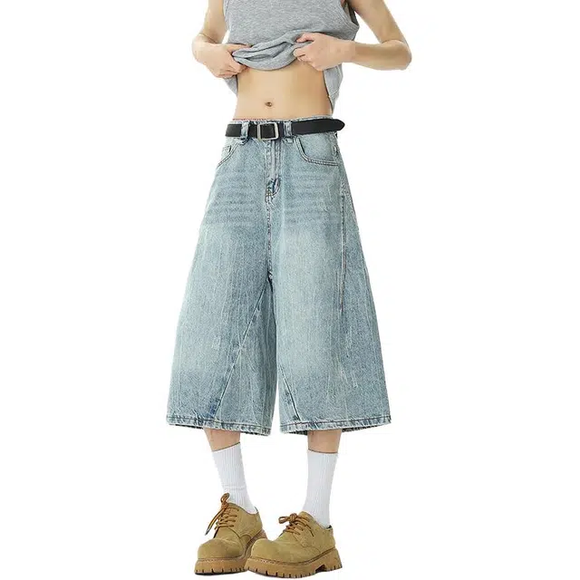 颂希尔 宽松简约百搭纯色解构拼接设计七分牛仔短裤 男女同款 蓝色