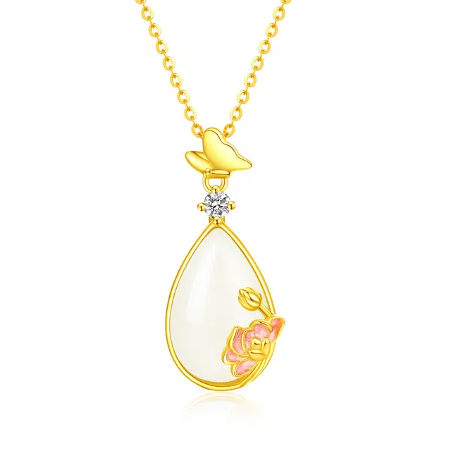 【和田美玉|好运莲莲】 老凤祥 蝶韵莲欢 蝴蝶莲花新中式国风浪漫水滴吊坠闺蜜妈妈小众简约轻奢百搭锁骨链女朋友告白礼盒 玉髓 项链 女款