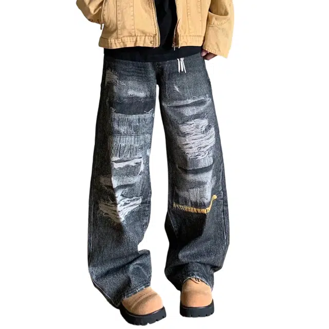 冈哉 美式复古水洗做旧渐变破洞印花设计街头嘻哈痞帅高级感宽松阔腿长裤牛仔裤 男女同款