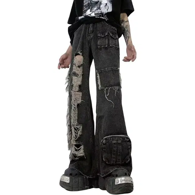 拾个壹先生 美式复古废土风多口袋工装拖地裤个性设计感宽松百搭牛仔裤 男女同款