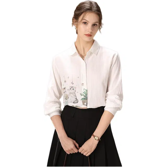 粉红玛琍 单排扣通勤透气长袖衬衫 女款 白色