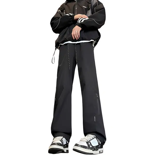 八哥 美式不规则城市机能高街侧边拉链设计款中腰松紧系带直筒宽松百搭防风户外通勤长裤伞兵弯刀休闲裤 男女同款