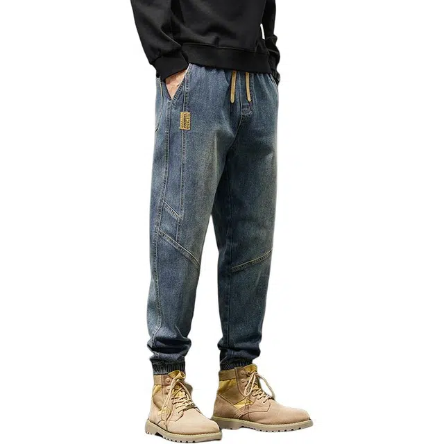 么宁 美式复古拼接宽松弹力束脚裤夏季薄款潮流时尚舒适透气个性痞帅牛仔裤 男女同款