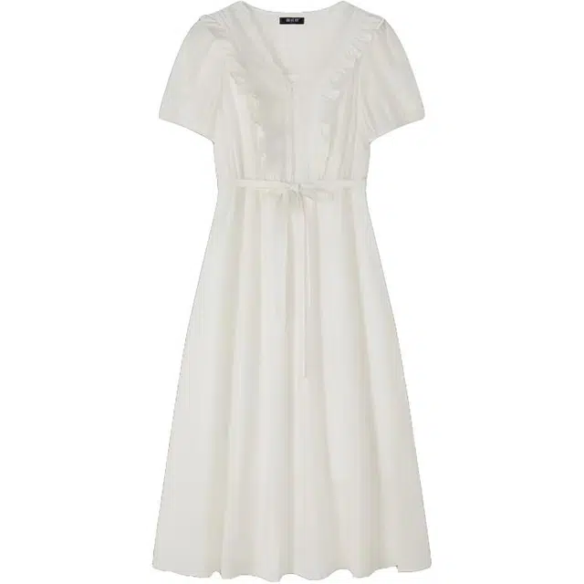 潞优野 度假风高级感夏季莱赛尔蕾丝泡泡袖收腰裙子短袖连衣裙 女款