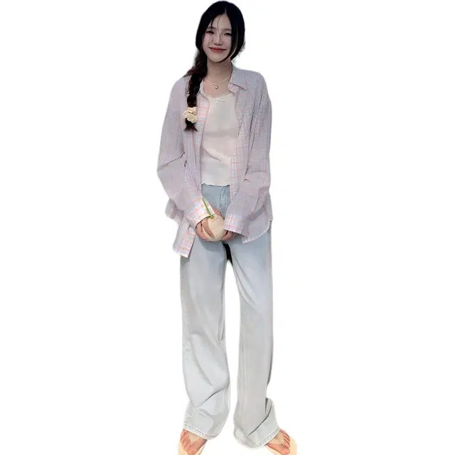 沐晓欣 格子防晒法式设计感小众宽松长袖衬衫 女款 图片色