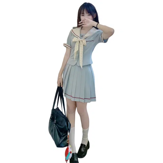 果瑱 学院风小众设计感海军领上衣短袖高腰百褶裙裙装套装 女款