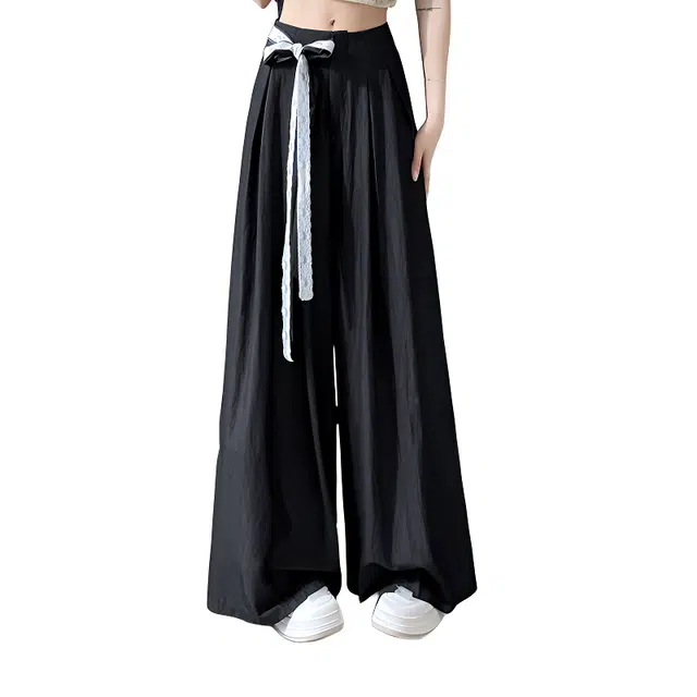 木清清 韩系复古高腰阔腿休闲裤蕾丝腰带显瘦宽松西装裤 女款