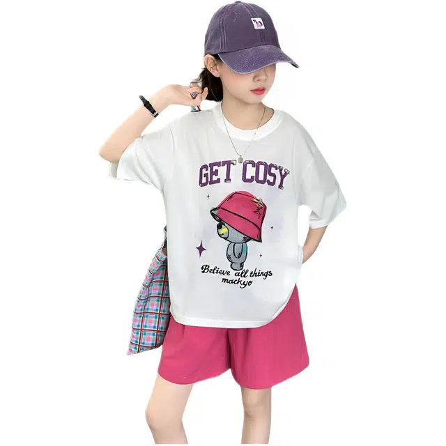 天才小熊休闲运动套装 女童夏季大童潮牌小孩衣服 小女孩 草帽熊短裤 洋气时髦 漂亮 甜美