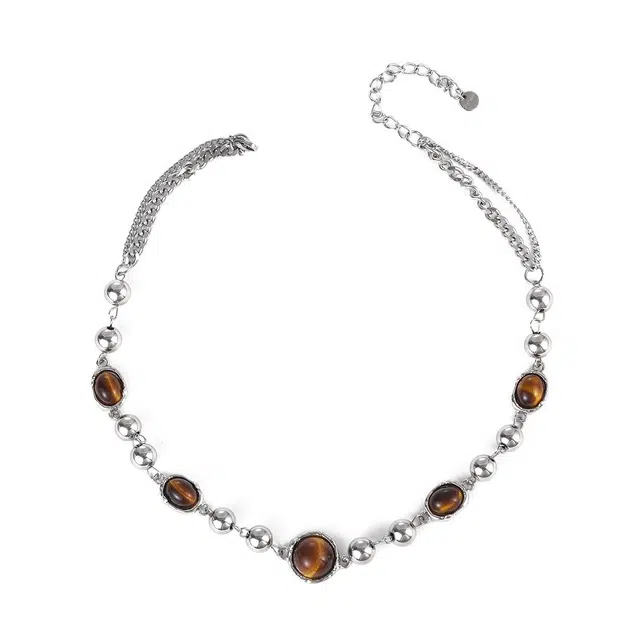 骊碧 甜酷风美拉德虎眼石串珠复古高级感配饰锁骨链毛衣链饰品实用高档轻奢有意义仪式感 合金 项链 女款