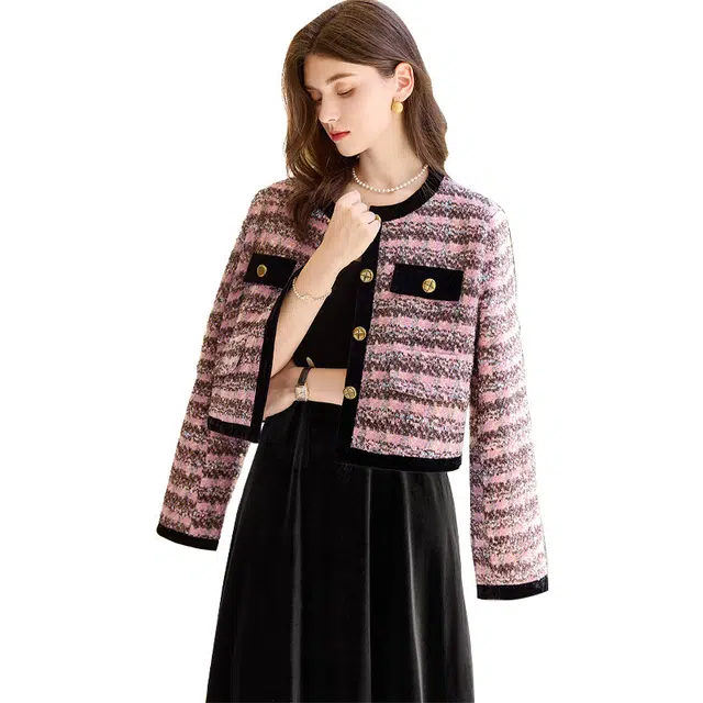 她池 法式名媛风拼色舒适小香风截短外套 女 粉色