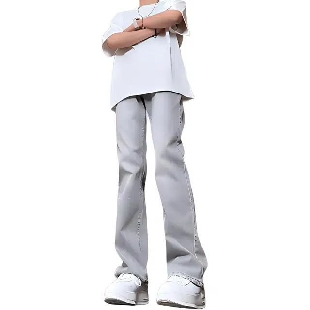 八哥 美式复古高街水洗做旧中腰宽松直筒牛仔裤 男女同款 烟灰色