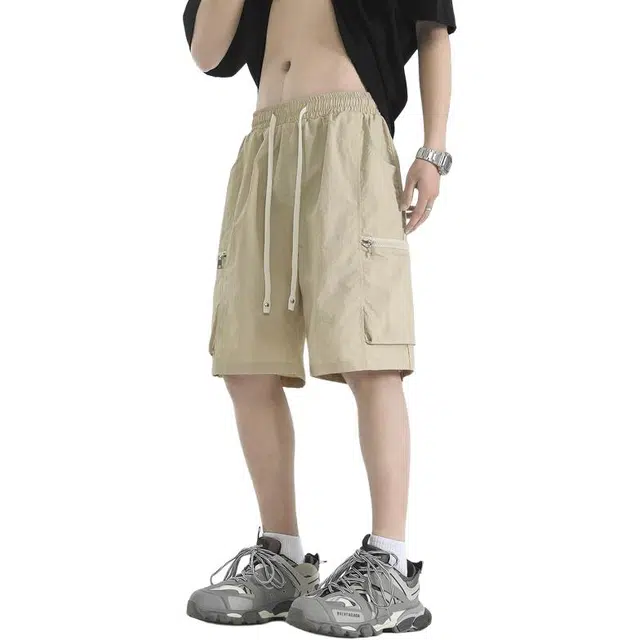 左岸 夏季轻薄款美式纯色宽松休闲直筒系带松紧腰中裤拉链大口袋百搭五分裤工装短裤 男款