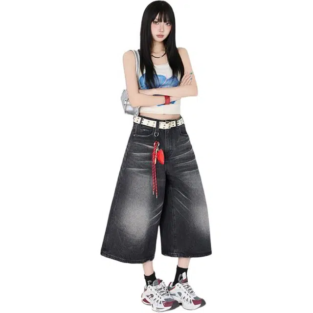 么宁 高腰适中合身阔腿牛仔裤 女款