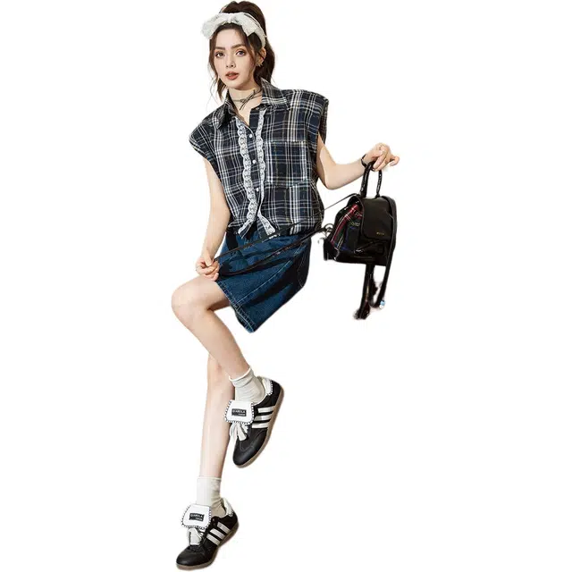 法文箱子 夏 高级感小个子时尚休闲格纹纯棉短袖衬衫 宽松 女款