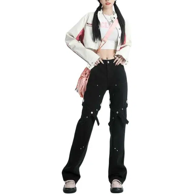 花山家的猫 美式复古直筒牛仔裤 女款 黑色