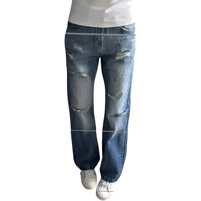 单爵 做旧破洞高街宽松时尚直筒裤牛仔裤 男女同款 水洗蓝