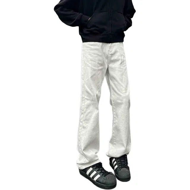 煦加 美式高街弹力修身弯刀微喇纯色休闲牛仔裤 男款