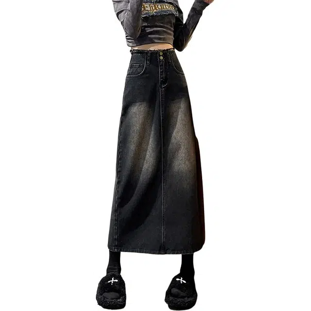 黛尔佳人 复古宽松舒适时尚中长款牛仔长裙 女款