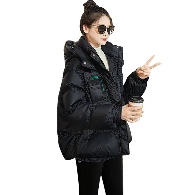 丝柏舍 撞色字母图案连帽小个子休闲保暖宽松长袖棉服 女款 黑色