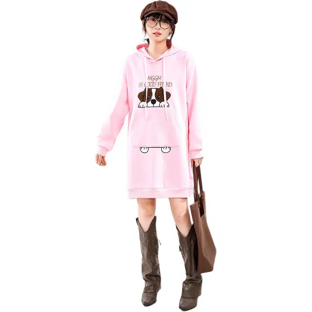 木果果木 加绒韩版小狗图案宽松中长裙长袖连衣裙 女款