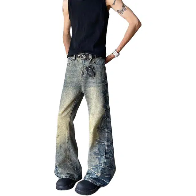 沃马 美式复古捏褶直筒阔腿弯刀水洗做旧废土风牛仔裤 男女同款 蓝色