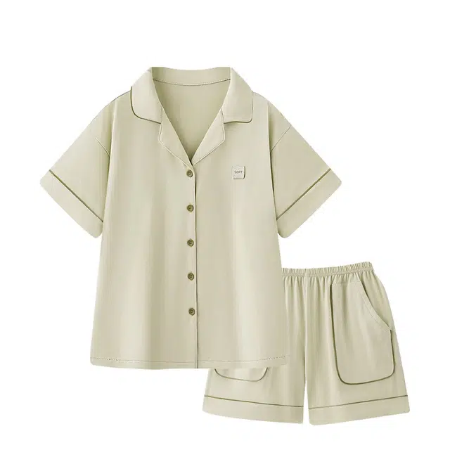 俏韵 翻领夏季纯棉舒适简约短袖开衫甜美可爱薄款家居服可外穿睡衣套装 女款