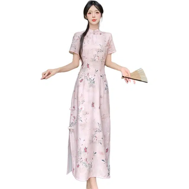 沐晓欣 花疏影夏季新中式温婉优雅改良印花中国风旗袍短袖连衣裙 女款